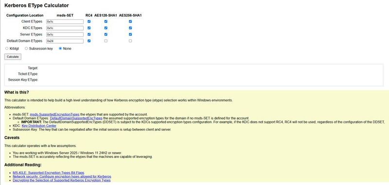Im Kerberos EType Calculator stehen „0x1c“ für Client, KDC und Dienstkonto sowie „0x24“ als Domänenstandard, daraus berechnet das Werkzeug die Verfahren für Ticket und Sitzungsschlüssel. (Bild: Thomas Joos)