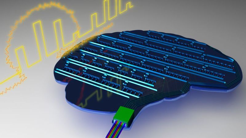 Schematic illustration of a light-based, brain-inspired chip. The chip contains an artificial network of neurons and synapses that works with light. (Johannes Feldmann)