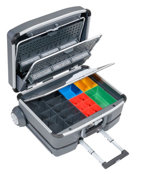 Der Proserve von Allit ist ein innovativer Service- und Montagekoffer in einem attraktiven Design zur professionellen Aufbewahrung. Seine zahlreichen Features wie eine eigens entwickelte Deckelbremse und einem voll funktionstüchtigen Kleinteilekoffer, machen den Koffer zu einem Unikat. Die platzsparende Verstauung der Utensilien durch einen praktischen Werkzeugträger mit flexibel nutzbaren Bürstenhaltern, ermöglicht dem Koffer unter anderem eine Zuladung von bis zu 35 kg. In einem besonderen Spritzgussverfahren wird der Proserve aus Polycarbonat, einem der härtesten Kunststoffe, hergestellt. (K. Rueckes)