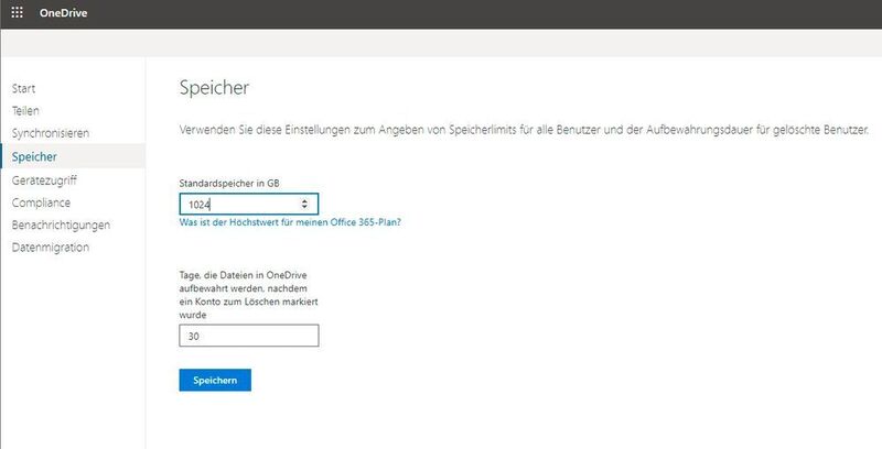 Konfigurieren der Speicherlimits in OneDrive for Business. (Joos/Microsoft (Screenshot))