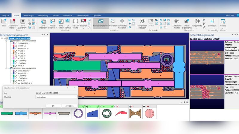 Fällt eine Maschine aus, können selbst aufwändigste Schachtelpläne in der CAD/CAM-Software Lantek Expert mühelos auf eine andere Maschine übertragen werden – mit bestehender CNC-Programmierung oder automatischer Erstellung einer neuen. (Bild:  Lantek)