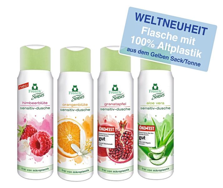 Dank eines speziellen Aufbereitungsprozesses für HDPE stellt Werner & Mertz die Duschgelflaschen von Frosch Senses mit 100 Prozent HDPE Post Consumer Recyclat (PCR) aus dem Gelben Sack her. (Bild: Werner & Mertz)