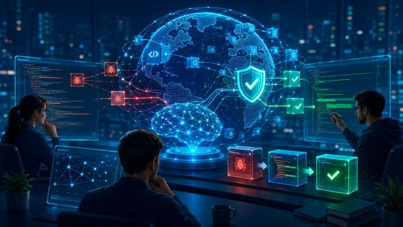 „Patch the Planet“: Die von OpenAI gestartete Initiative soll mittels KI-gestützter Sicherheitsanalyse Open-Source-Maintainer entlasten, indem potenzielle Schwachstellen vor der Weitergabe an Projekte von Experten geprüft und in belastbare Patches überführt werden. (Bild:  Dall-E / KI-generiert)