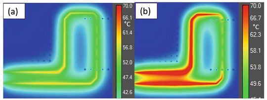 Bild 2: Thermische Messungen mit IR-Kamera von einer identischen Kupferleiterbahn von zwei verschiedenen Leiterplatten im thermodynamischen Gleichgewicht: Links (a) eine fehlerfreie und rechts (b) eine fehlerhafte Kupferleiterbahn mit derselben Teststruktur. Die höhere Temperatur  bei (b) zeigt den höheren elektrischen Widerstand der fehlerhaften Leiterbahn, die auf eine geringere Kupferschichtdicke hinweist [2].(Bild:  Hochschule Mannheim, Institut für Analogtechnik und Sensorik [1])