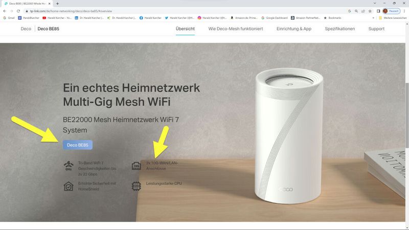 Das mittlere TP-Link Wi-Fi-7-Mesh-System BE85 verspricht eine Funk-Speed-Summe von fast 22 Gigabit. Dazu zwei 10-Gigabit-WAN/LAN-Buchsen. Plus zwei 2,5 Gigabit-Ports. (Bild: TP-Link)