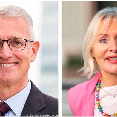 Christian Pfromm, Chief Digital Officer (CDO) in Hamburg und Prof. Dr. Krisitina Sinemus, Hessische Ministerin für Digitalisierung und Innovation.  (Bild: © Canva / Senatskanzlei Hamburg / Staatskanzlei Hessen, MinD)