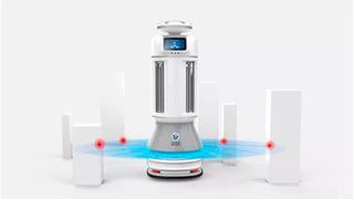 Der Keenon-Disinfection Robot M2 war auch auf der World Robot Conferenz zu erleben. Hier mit symbolisch markiertem Sprühbereich für Desinfektionsmittel. (Bild: Keenon)