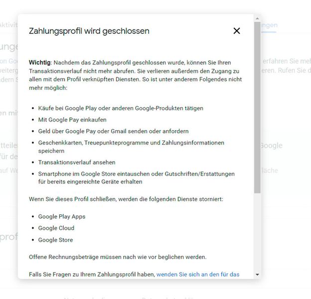 Das Löschen des Google-Pay-Kontos muss noch bestätigt werden.  (Bild: Joos)