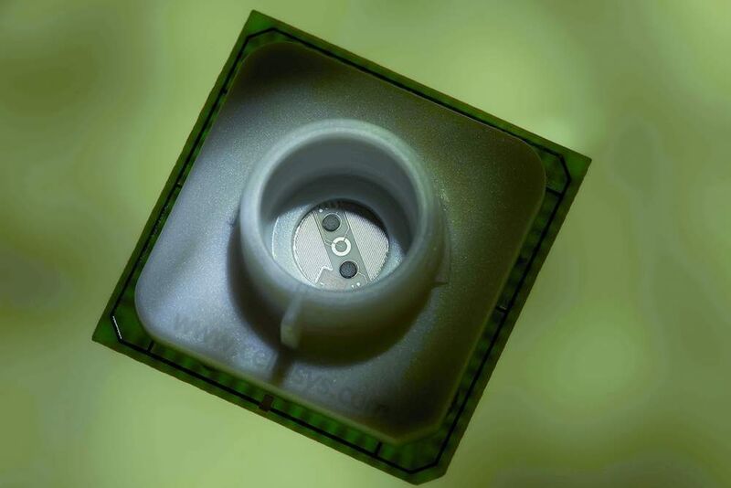 Abb. 2: Der Biochip-C mit einer Kantenlänge von 24 mm. Die Mikrosensoren sind auf einem Keramikplättchen aufgebracht. (Archiv: Vogel Business Media)