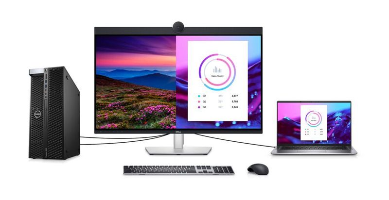 Beim 31,5-Zoll-4K-Monitor Ultrasharp U3223QZ ist ein KVM-Switch eingebaut. Ein LAN-Port verbindet zudem über USB-C angebundene Notebooks mit einem kabelgebundenen Netzwerk. (Dell)
