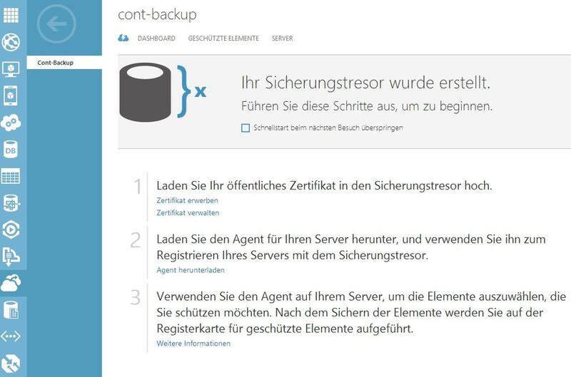 Abbildung 9: Neben dem Dashboard können Administratoren auch das Verwaltungsprogramm von Windows Azure Backup verwenden. Hierüber lassen sich besonders wichtige Daten des Servers in einen verschlüsselten Speicher bei Microsoft sichern. (Bild: Joos)