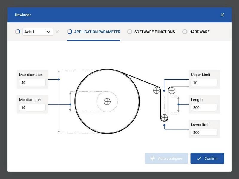 Einfaches Parametrieren und Konfigurieren der einzelnen Maschinen-Module. Mit der Basiskonfiguration wird automatisch die Auswahl der passenden Motoren, Getriebe und Antriebe ermittelt.  (Lenze)