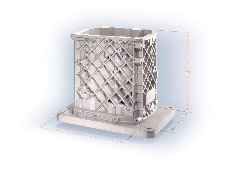 Das Getriebegehäuse aus Aluminium (Maße in mm) ist derzeit das größte Metallbauteil, das im pulverbettbasiertem Laserschmelzverfahren hergestellt wurde. (Bild: Laser Concept)