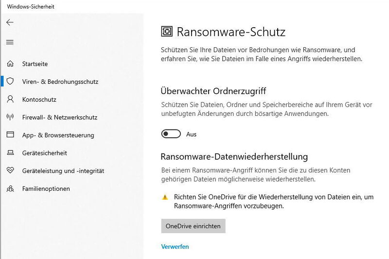 Aktivieren des Ransomware-Schutzes in Windows 10 Version 1809. (Joos)