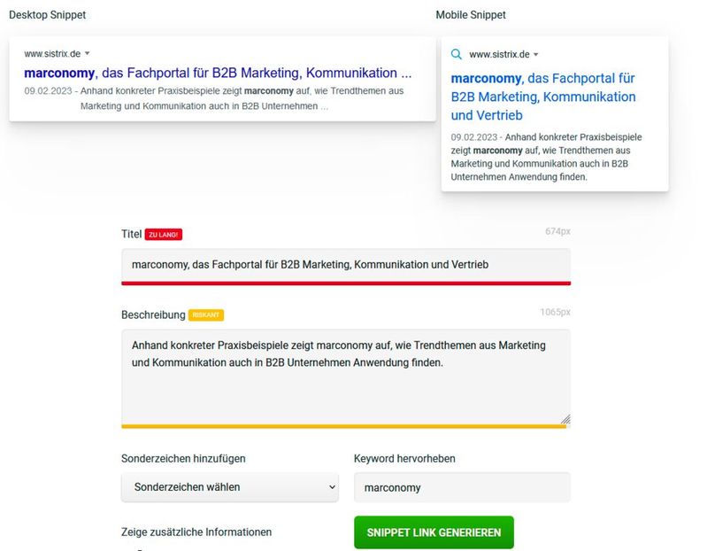 Title Tag und Meta Description lassen sich mittels SERP Snippet Generatoren optimieren. Hier sehen Sie das mit dem Beispiel marconomy