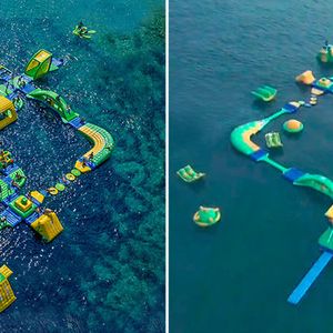 Auf dem zweiten Platz landete der aufblasbarer Wasserpark „Wibit Sports Park XL“. Das  Original (links) stammt von Wibit Sports aus Deutschland, die Fälschung (rechts) von Sunny Kingdom aus China. Der Nachahmer kopiert das Produkt, d.h. den kompletten Sports Park mit allen Details (inkl. Rettungswesten) und benutzt die Original „Wibit-Hand“-Bildmarke. Zudem hat er Konzept und Musik vom Original Wibit-Werbevideo übernommen.(Bild:  Aktion Plagiarius e.V.)