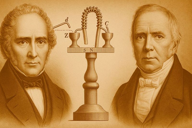 1820 entdeckte Hans Christian Ørsted (rechts) den Zusammenhang zwischen Strom und Magnetismus, 1825 folgte William Sturgeon (links) mit dem ersten funktionalen Elektromagneten. (Bild: Dall-E / KI-generiert)