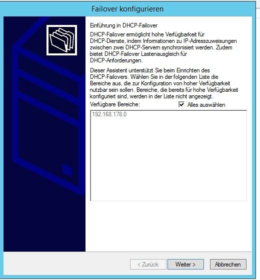 Abbildung 3: Im ersten Fenster werden die konfigurierten IP-Bereiche des Quell-DHCP-Servers angezeigt. Hier können Administratoren auswählen, welche IP-Bereiche hochverfügbar konfiguriert und auf den zweiten Server repliziert werden sollen. (Bild: Joos)