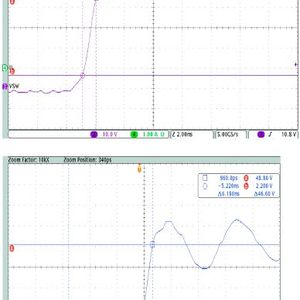 Bild 4: Vergleich des Spannungsverlaufs am Schaltknoten einer GaN-FET-Leistungsstufe im Vergleich mit einem Silizium-Schaltknoten (a: Schaltknoten des LMG5200, b: Schaltknoten des 80 V FET Si7852DP).(Bild:  TI)