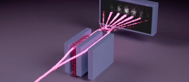 Vorgänge im Röntgen-Interferometer: Der Pfad eines einzelnen Photons (pink) durchquert zwei Spalte gleichzeitig und fächert sich dahinter in ein charakteristisches „Interferenzmuster“ auf. Aus diesem wird die Stärke der Lichtbrechung durch die Eisen-Atome (rot) bestimmt, die sich in einem der beiden Spalte befinden.(Bild:  Markus Osterhoff)
