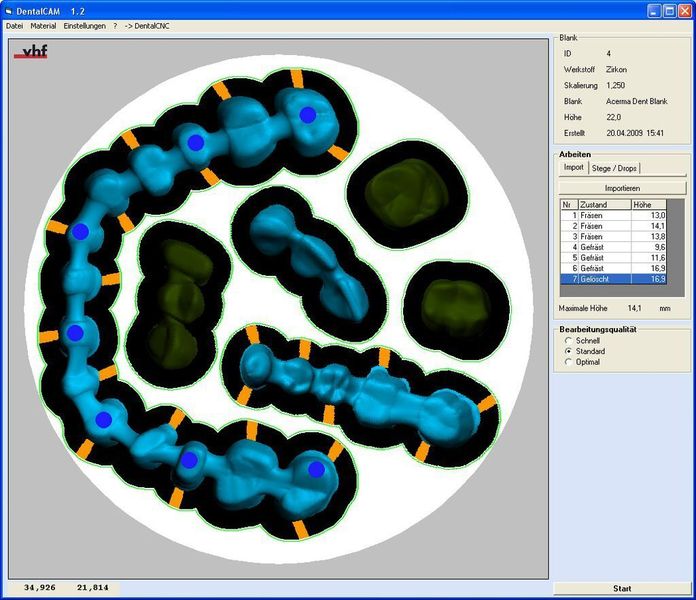 Bild 2: Plazierte Arbeiten in der Dental-CAM-Software mit Haltestegen (orange) und Drops (dunkelblau); dunkelgrün dargestellt sind Arbeiten, die in einem früheren Durchgang hergestellt und bereits herausgetrennt wurden. Bild: VHF (Archiv: Vogel Business Media)