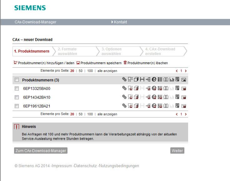 Bild 2: Effizienz bei der Produktdatenrecherche: Über den CAx-Download-Manager sind die benötigten Datenarten für die gewünschten Produkte mit wenigen Mausklicks auswähl- und abrufbar. (Bild: Siemens)