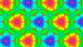Was hier wie eine psychedelische Tapete aus den poppigen 70gern wirkt, ist das Aufbauprinzip einer halbtransparenten Struktur aus Germanium-Mangan-Oxid. Sie ist eine von 27 weiteren neuartigen 2D-Materialien, die man jetzt per Datensuche gezielt gefunden hat. (Bild: HZDR / R. Friedrich)