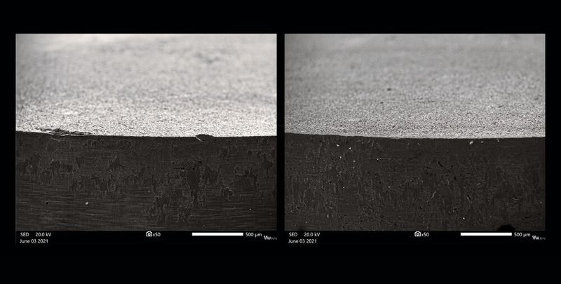 Unter dem Elektronenmikroskop zeigt sich die hohe Qualität der Werkzeugschneide: Ausbrüche, die bei herkömmlicher Fertigung auftreten können (oben), gibt es bei dem additiv gefertigten Werkzeug (unten) nicht. (Bild: Gefertec)