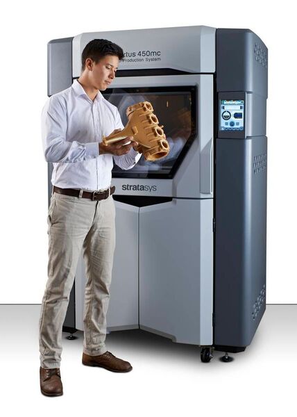 Der Stratasys-3D-Drucker des Typs Fortus 450mc ist die ideale Lösung selbst für anspruchsvollste Fertigungsanwendungen. Mit einer auf dem Markt einzigartigen Leistung und Präzision liefert er robustes Werkzeug, leistungsfähige Formen und Montagehilfen. (Stratasys)