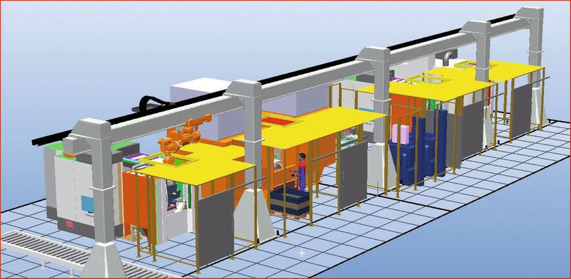 Bild 1: 3D-Simulation der mechanischen Bearbeitungslinie für Gussgehäuse, die ein Rundtakt- und drei Bearbeitungszentren umfasst.  (Bild: Indat)