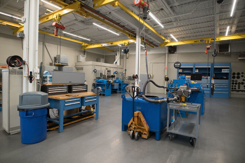 The facility houses a 300 Hp Dynamometer, two 50 Hp Dynamometers, a Distek Data collection of software for 5 Dynamometers, two 5,600-gallon tanks of testing oil, and two 5-ton overhead cranes.  (Tim Dodd Photography LLC/ Viking Pump)
