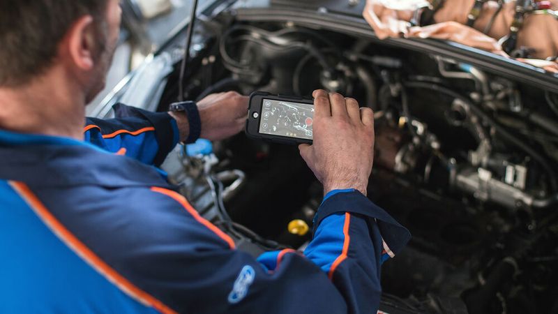 Ein Mechaniker fotografiert Mängel, die am Fahrzeug entdeckt wurden (Bild: Fleetback)