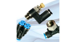 Pneumatik-Steckverschraubungssystem der Blue C-Line mit T-Steckanschluss,  90° Steckverbinder und Mehrfachsteckverbinder. (Bild: Airtec)