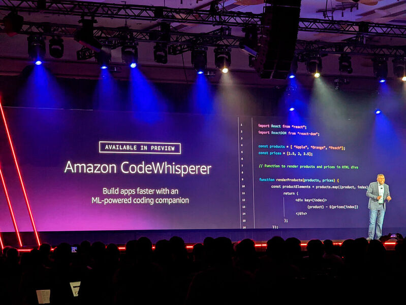 Hyperscaler stolpern übereinander in ihren Bemühungen, auf Biegen und Brechen KI-gestützte Tools und Dienste zu veröffentlichen. In der Abbildung: die öffentliche Vorstellung von „Amazon Codewhisperer“.