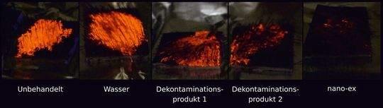 Abb.2: Gegenüberstellung von verbleibenden Cadmium-Selenid-Partikeln auf dem Testmodell unter UV-Licht nach Behandlung mit verschiedenen Mitteln zur Reinigung der Haut. (Bild:  Dermapurge)