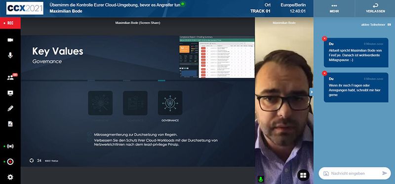 „Übernimm die Kontrolle Eurer Cloud-Umgebung, bevor es Angreifer für euch tun“, forderte Maximilian Bode von FireEye auf. Er informierte über aktuelle Bedrohungen und Ursachen, und zeigte Wege, Werkzeuge und Lösungen auf, um die Sicherheit von Cloud-Infrastrukturen zu erhöhen. (Vogel IT-Medien GmbH)