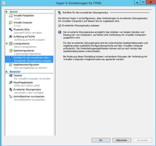 Abbildung 2: In den Hyper-V-Einstellungen von Hyper-V-Hosts müssen Administratoren über den Menüpunkt Richtlinien für den erweiterten Sitzungsmodus erst die Funktionen des erweiterten Sitzungsmodus aktivieren. Danach ist die Verwaltung von virtuellen Servern deutlich verbessert. (Bild: Joos)