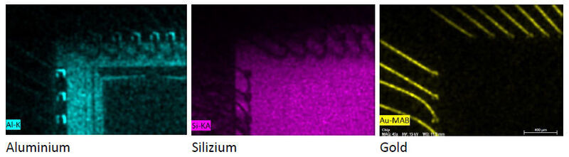 Bild 3: Elementmapping: Darstellung der einzelnen Elemente auf einer Chip-Oberfläche  (Zollner Elektronik)