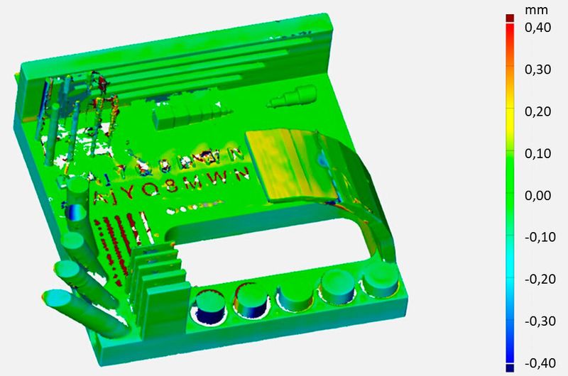 Bei der quantitativen Abweichungsanalyse wird das gescannte Referenzbauteil mit dem originalen CAD-Modell verglichen. (Bild: Fraunhofer IPA)