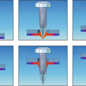 Stadien des Einschraubvorganges einer Flowform-Schraube in eine Blechverbindung. Bild: Arnold Umformtechnik