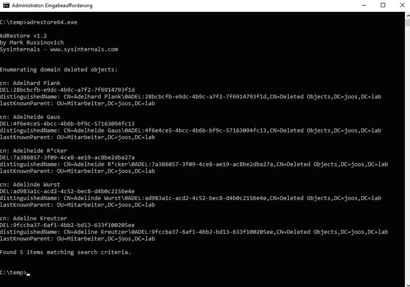 Vor der Wiederherstellung lassen sich die gelöschten Objekte in Adrestore anzeigen. (Bild: Joos / Microsoft)