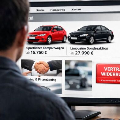 Privatkunden sollen künftig innerhalb der Frist einen einen Online abgeschlossenen Vertrag leichter widerrufen können. Daher sind Unternehmen verpflichtet, ab Sommer einen solchen Button auf ihrer Website und in ihren Apps zu installieren. (Bild: KI-generiert)