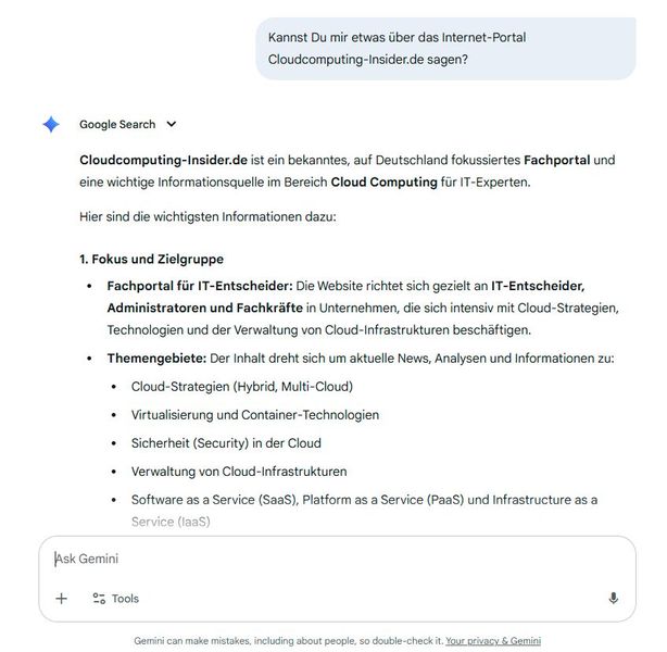Information per Mausklick: Google Gemini reagiert prompt aufindividuelle Anfragen. (Bild: screenshot: Google)