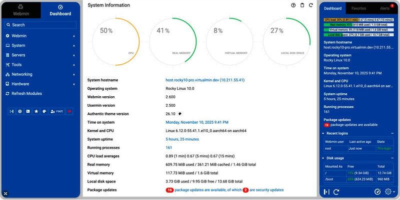 „Webmin“ ermöglicht die Verwaltung von Linux mit dem Browser. (Bild:  Thomas Joos (Webmin))
