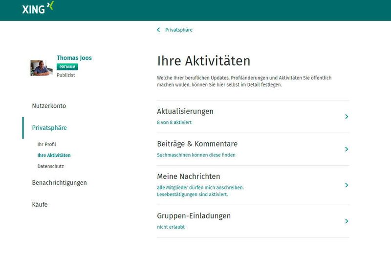 Anpassen der eigenen Aktivitäten in Xing. (Th. Joos)