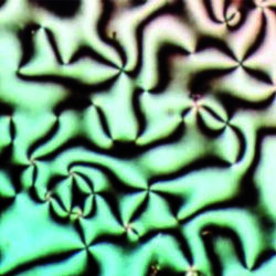 Flüssigkristalle (1968)

 Flüssigkristall bezeichnet man eine Substanz, die einerseits flüssig ist wie eine Flüssigkeit, andererseits aber auch richtungsabhängige (anisotrope) physikalische Eigenschaften aufweist, wie ein  Kristall . Diese besondere Kombination aus Fluidität und Anisotropie macht Flüssigkristalle technologisch interessant (vor allem für Flüssigkristallbildschirme). Die meisten Flüssigkristalle sind optisch doppelbrechend. Unter dem Polarisationsmikroskop zeigen diese dann charakteristische Texturen.
 (Archiv: Vogel Business Media)