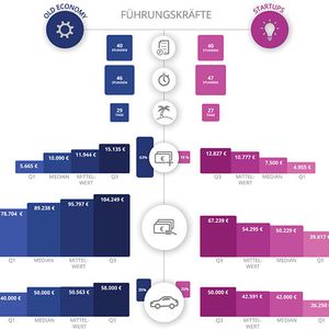 Die Symbole von oben nach unten: Vertagliche Arbeitszeit, tatsächliche Arbeitszeit, Urlaubstage, Prämien, Einkommen und Firmenwagen der Führungskräfte.(Bild:  Gehalt.de)