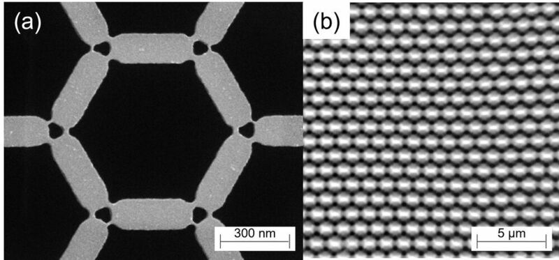 Abbildung: (a) Rasterelektronenmikroskopische Aufnahme von lithografisch erzeugtem künstlichem Kagome-Spin-Eis, das die durch magnetische Brücken asymmetrisch verbundenen Permalloy-Magnete im Nanomassstab zeigt. Die kleinsten Brücken sind nur 10 Nanometer breit. (b) Die resultierende magnetische Ordnung wird mit einem Photoemissions-Elektronenmikroskop an der Synchrotron Lichtquelle Schweiz SLS abgebildet. Aus dem Hell-Dunkel-Kontrast lässt sich die magnetische Konfiguration bestimmen und mit Computersimulationen vergleichen. (Kevin Hofhuis)