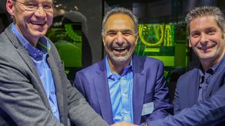 From Left to Right: Michel Delanaye, co-founder and CEO, Geon-X, Mohammad Ehteshami, Vice President and General Manager, GE Additive, Laurent D'Alvise co-founder and CEO, Geon-X. (GE Additive)