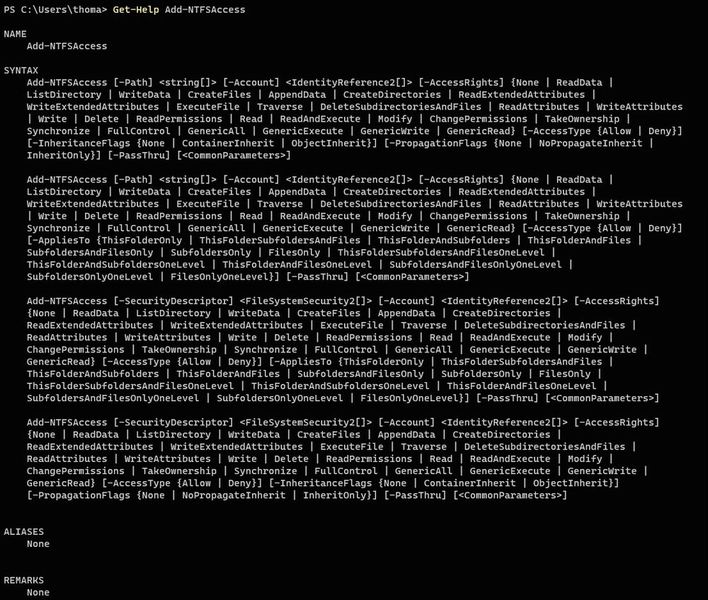 Anzeigen der Syntax und Parameter für das Setzen von Berechtigungen mit Add-NTFSAccess. (Bild: Joos)